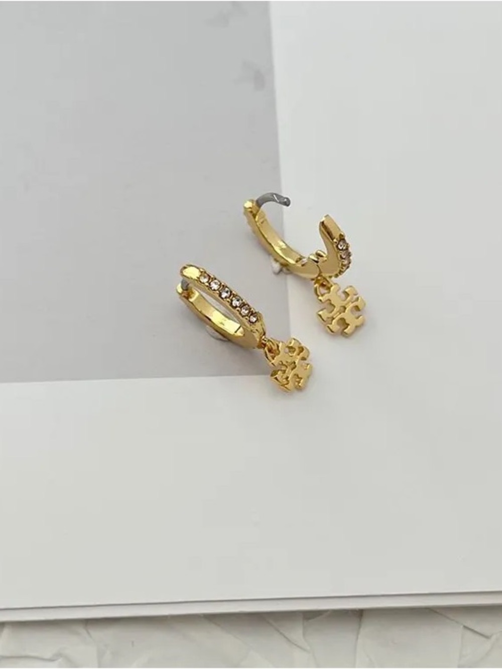 Tory Burch Gold Crystal Logo Huggie Earrings